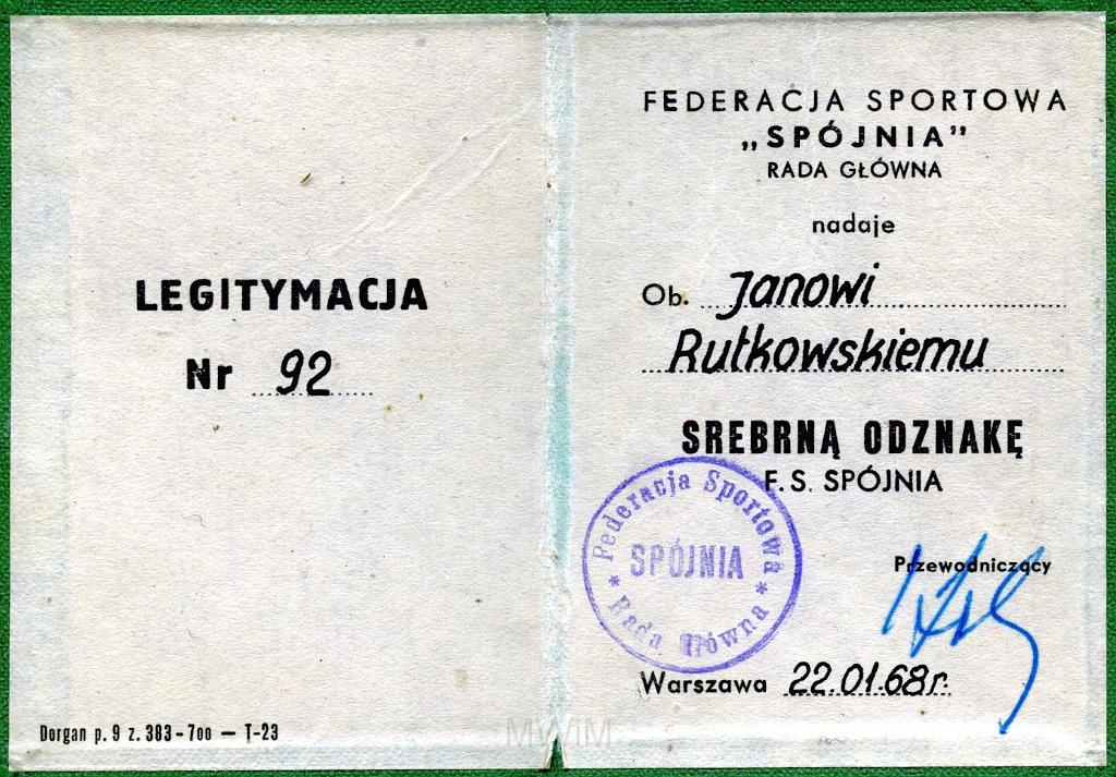 KKE 3259-2.jpg - Legitymacja "Srebna Odznaka" , Jana Rutkowskiego, Warszawa, 22 I 1968 r.
